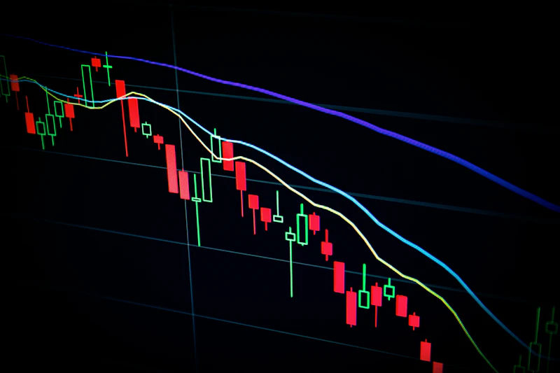 Abstract financial chart with rising trend line on dark background, glowing data points